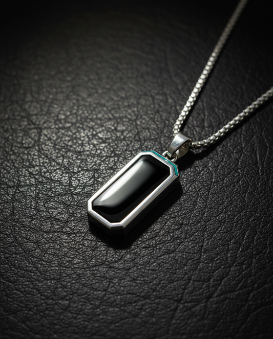 Unisex Black Enamel Rectangle Pendant – Silver Chain for Men and Women | Casual and Party-wear