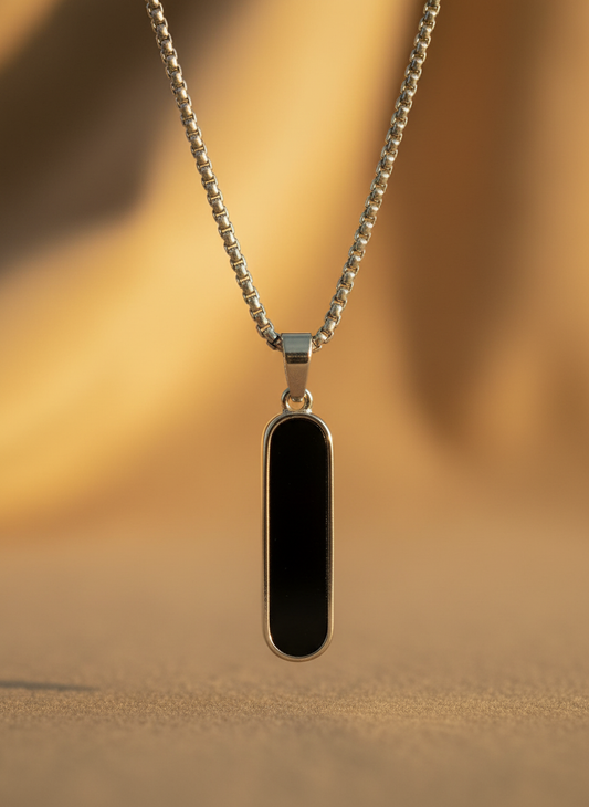 Unisex Silver Box Chain Necklace with Rectangular Black Enamel Oval Pendant