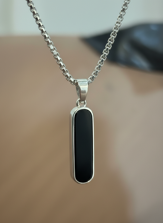 Unisex Silver Box Chain Necklace with Rectangular Black Enamel Oval Pendant